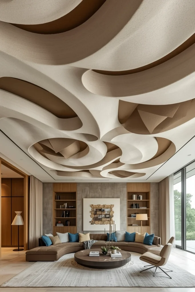 Sculptural acoustic panels hanging at varied heights on ceiling.
