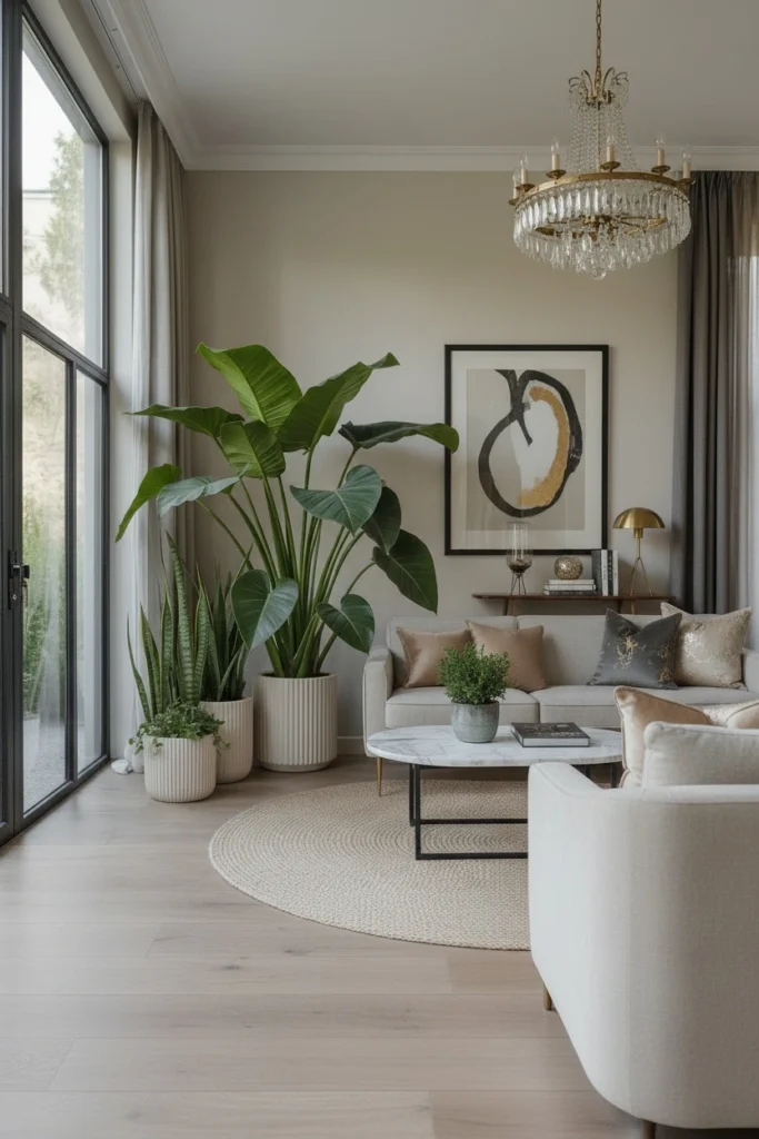 Bird of paradise plant in a matte ceramic designer pot.