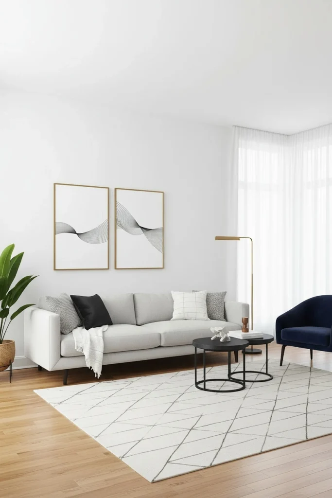 Simple black line art prints in gold frames.