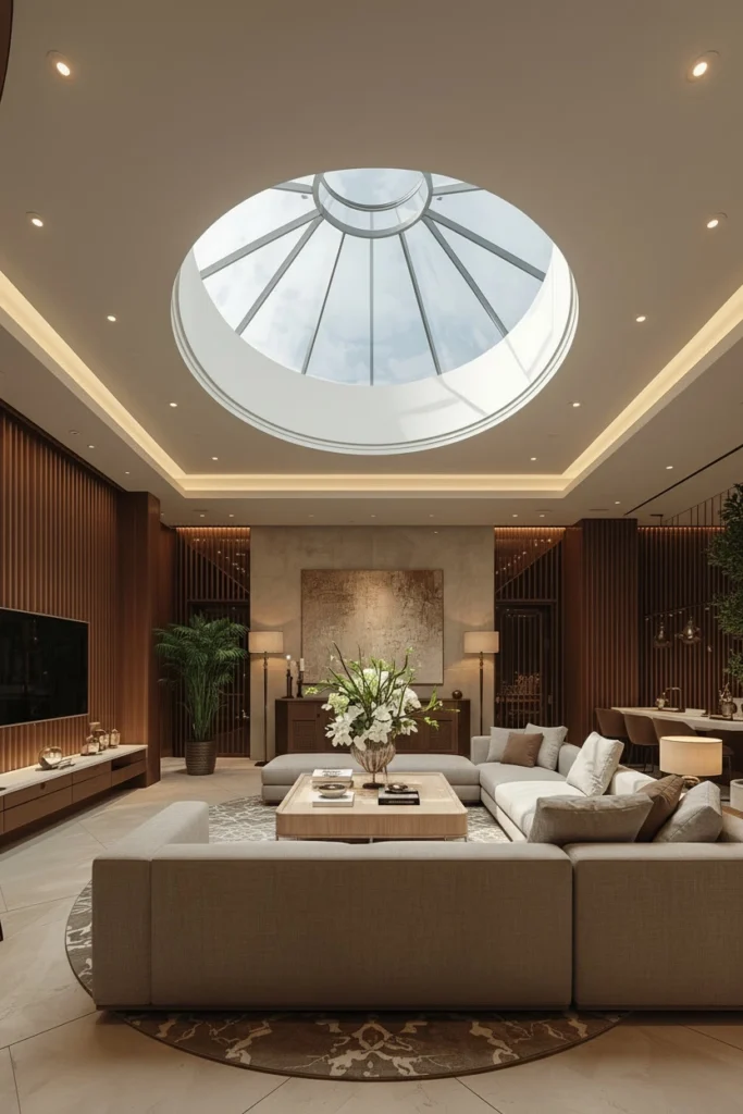 Circular oculus skylight opening flooding a room with natural light.