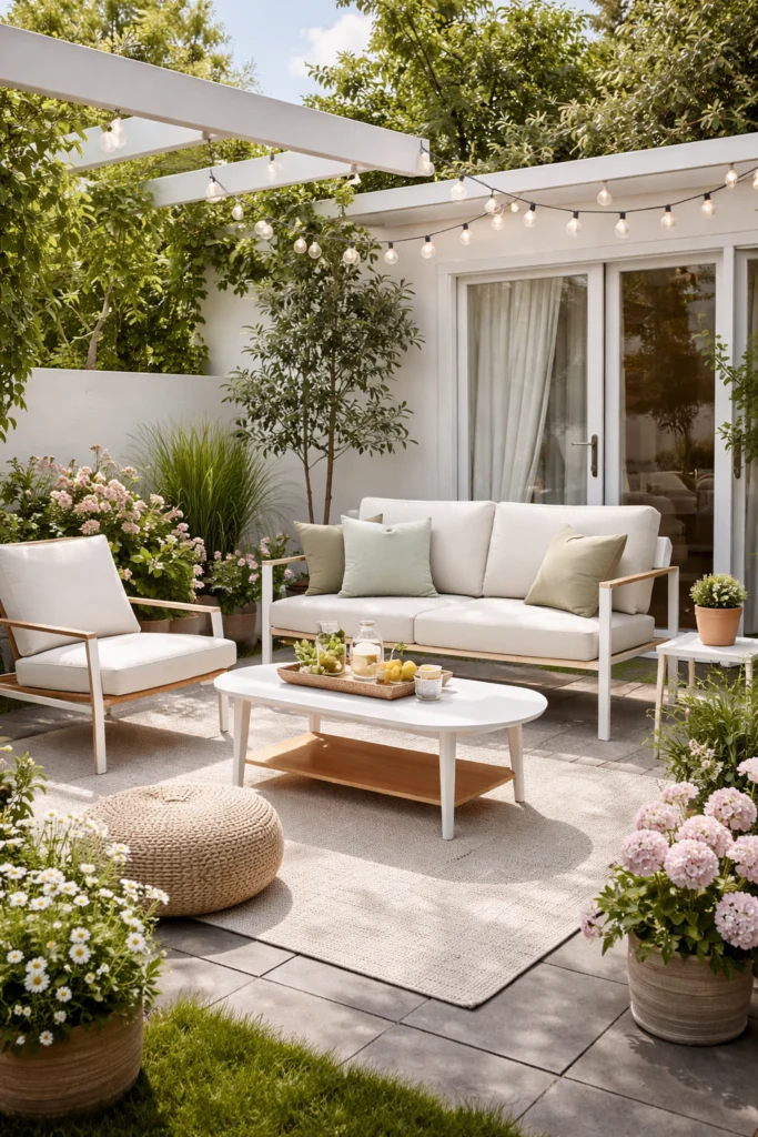 Slim chairs and a teak table on a patio.