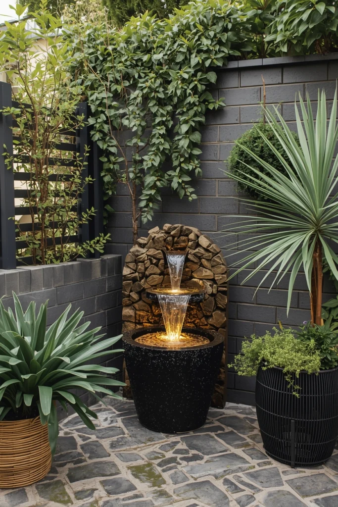 A small concrete fountain sits quietly in a patio corner.