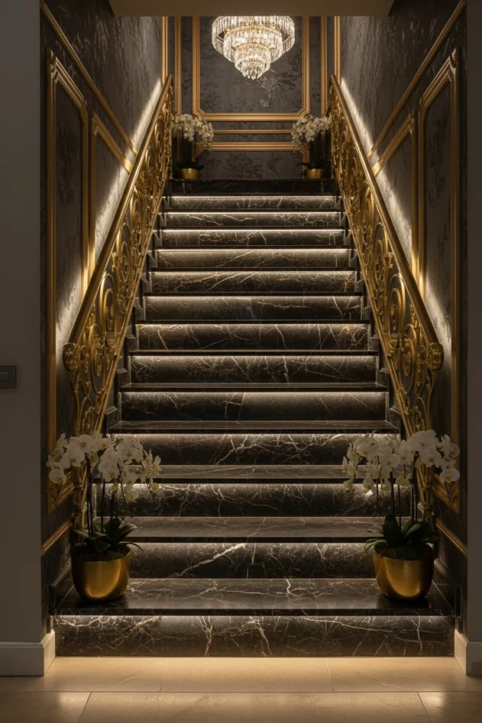 Small step lights illuminating a safe elegant staircase.