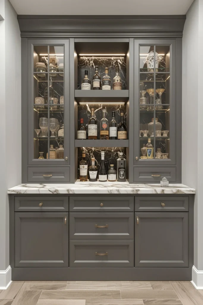 Custom tall cabinets with frosted glass doors storage.