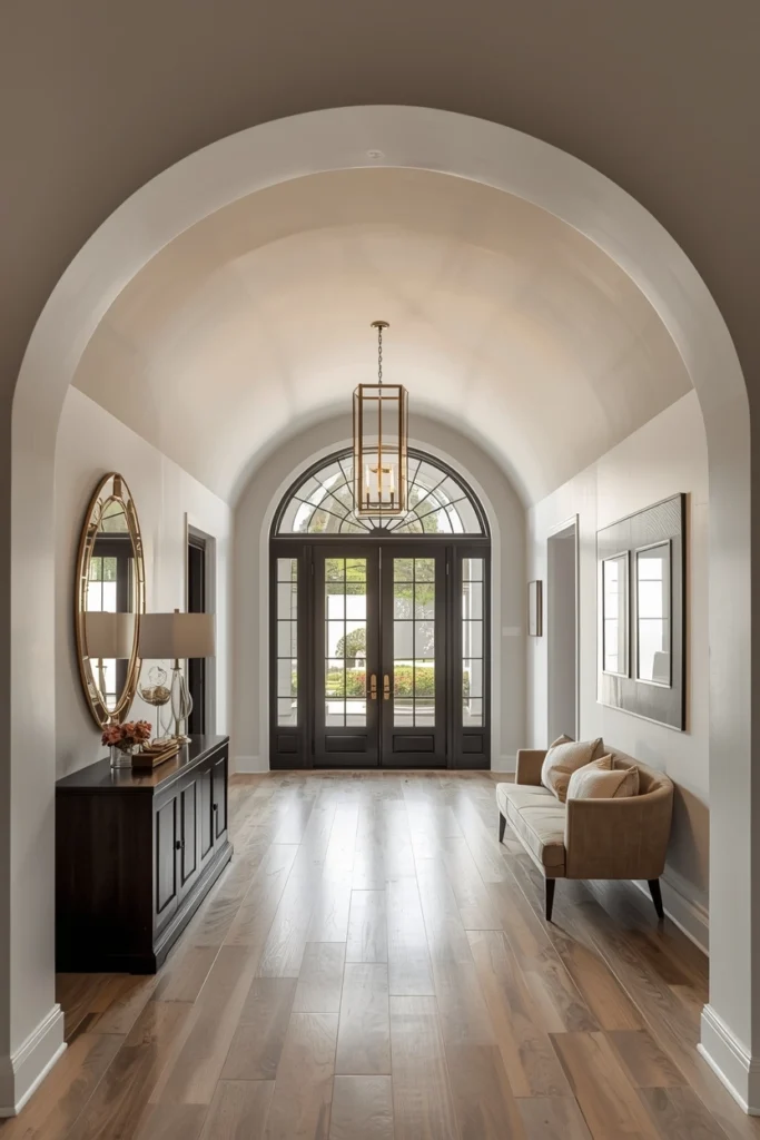 Smooth white barrel vault ceiling arching across a hallway.