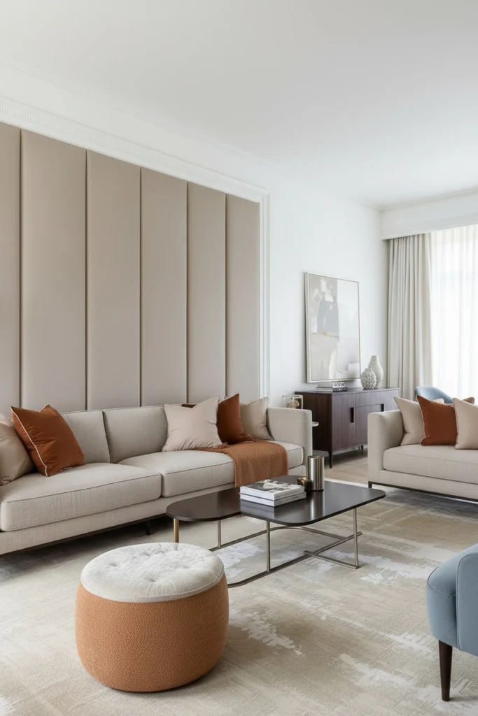 Padded velvet fabric panels on sofa back wall