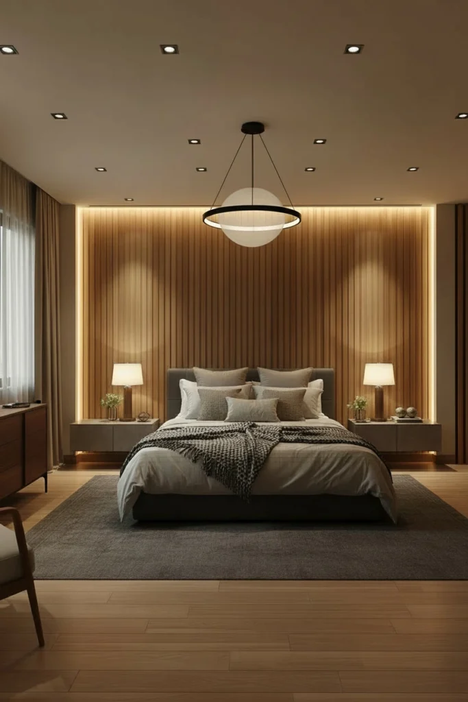 Soft ceiling lights cast a warm glow on panels.