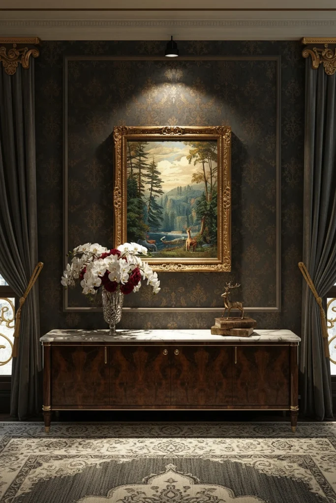 Spotlight shining on a framed painting on wall.