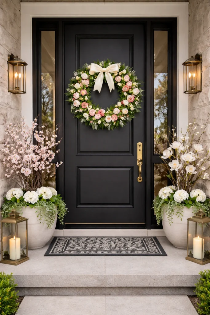 Eucalyptus spring wreath hanging on a wooden front door.