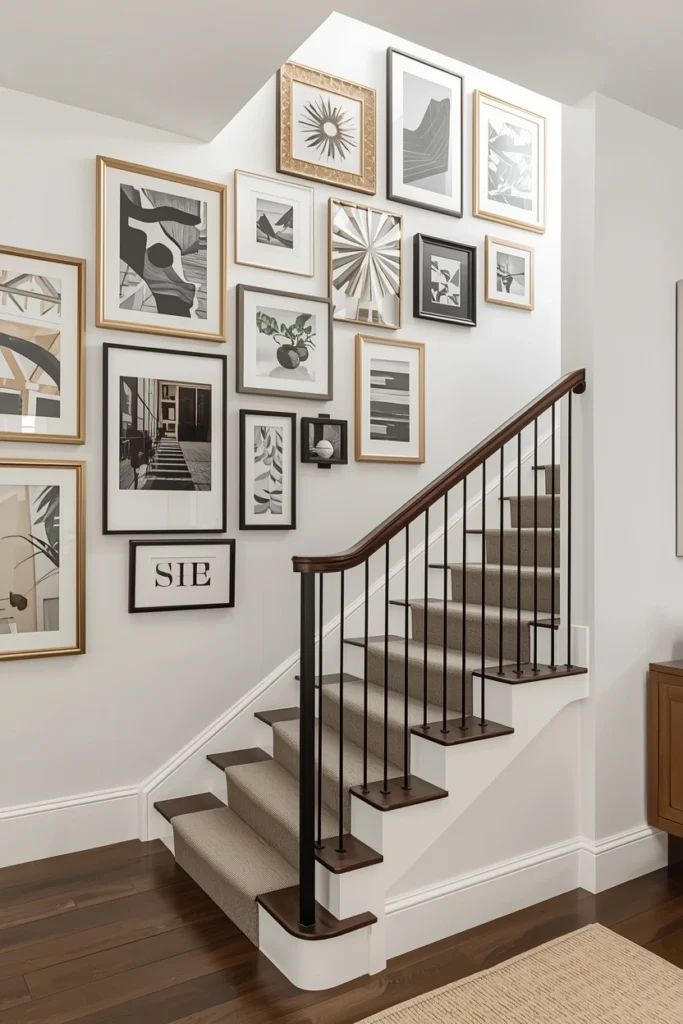 Gallery wall arranged along angled staircase wall.