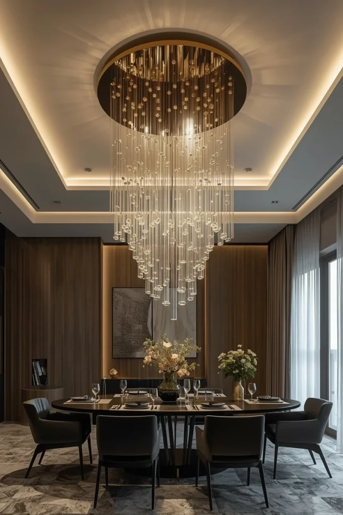 Large sculptural statement chandelier hanging as a ceiling centerpiece.