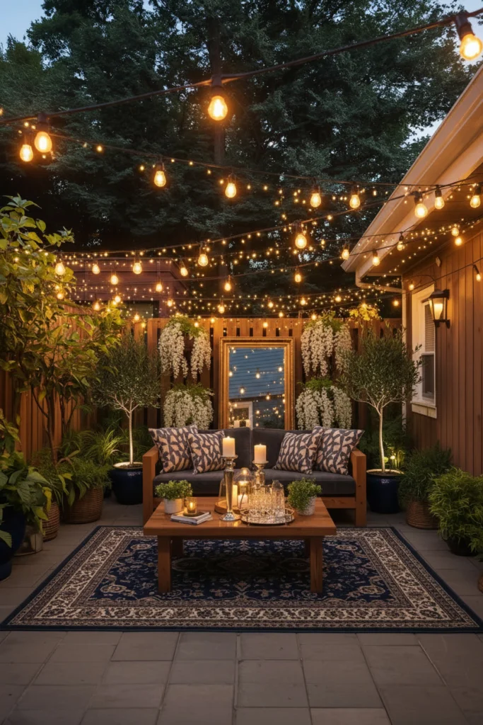 Warm white string lights hang above an outdoor seating area.