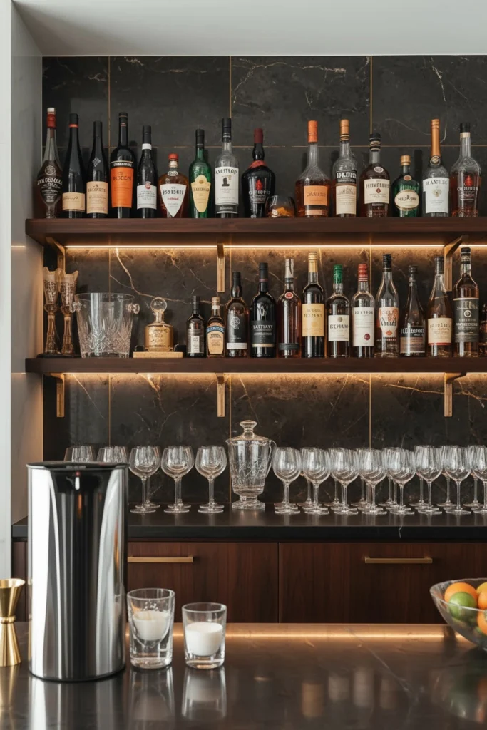 Neatly styled back bar shelf with decorative bottles.