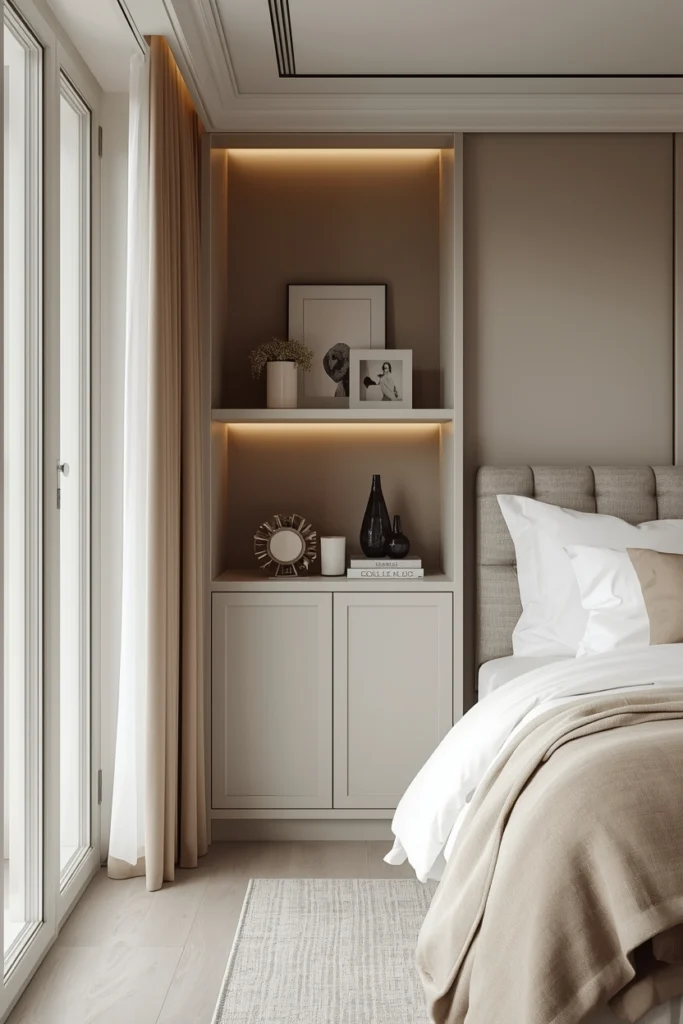Minimalist bedroom shelf styled with few decorative items.