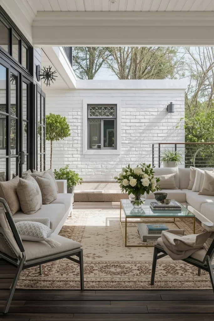 Outdoor terrace styled with chairs, rug, and string lights.