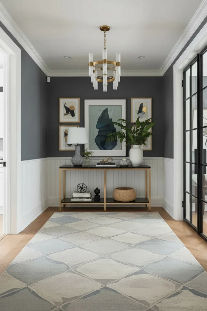 Three styled objects arranged on hallway console table.