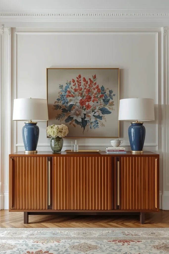 Neatly styled sideboard with lamp and vase