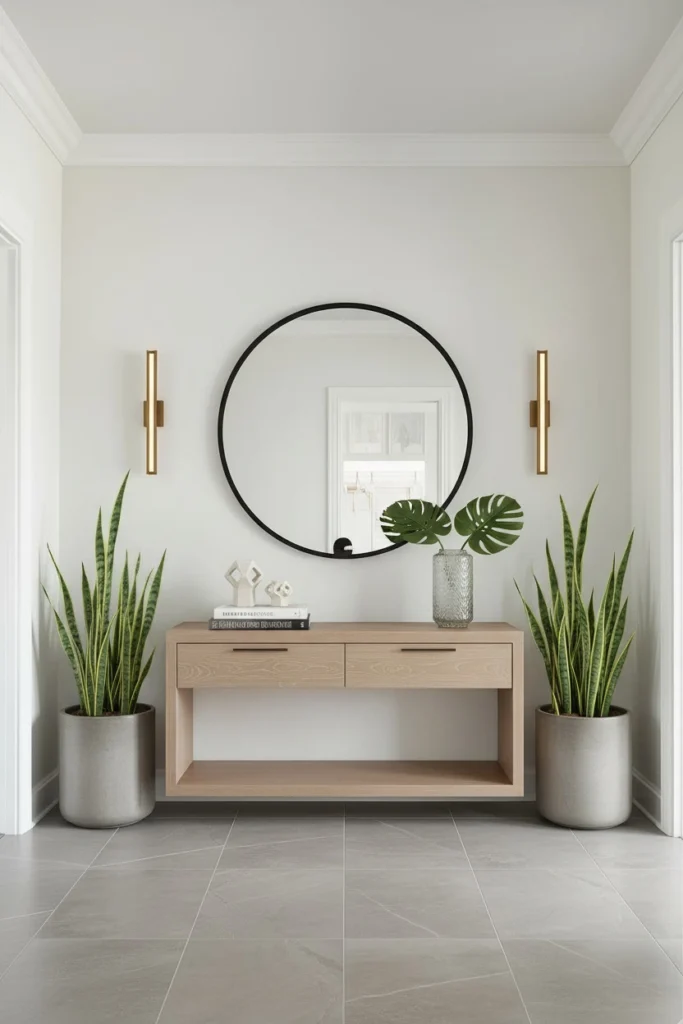 Matching wall lights placed symmetrically around hallway mirror.