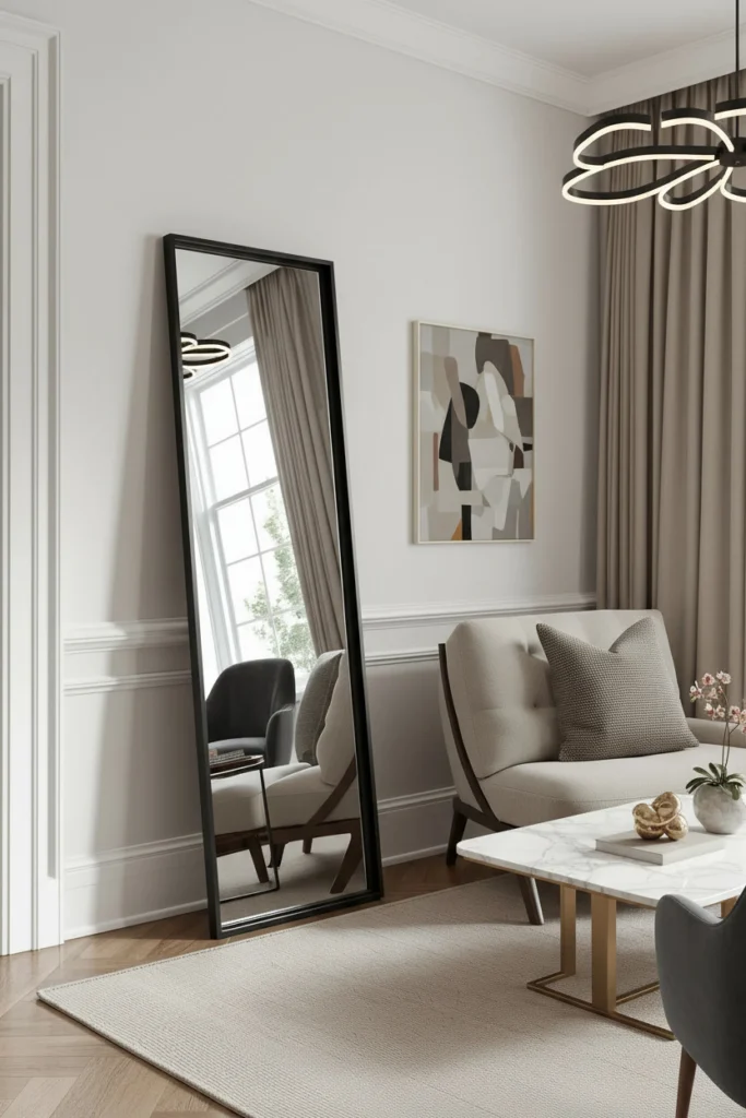 A tall leaning mirror makes low ceilings appear higher.