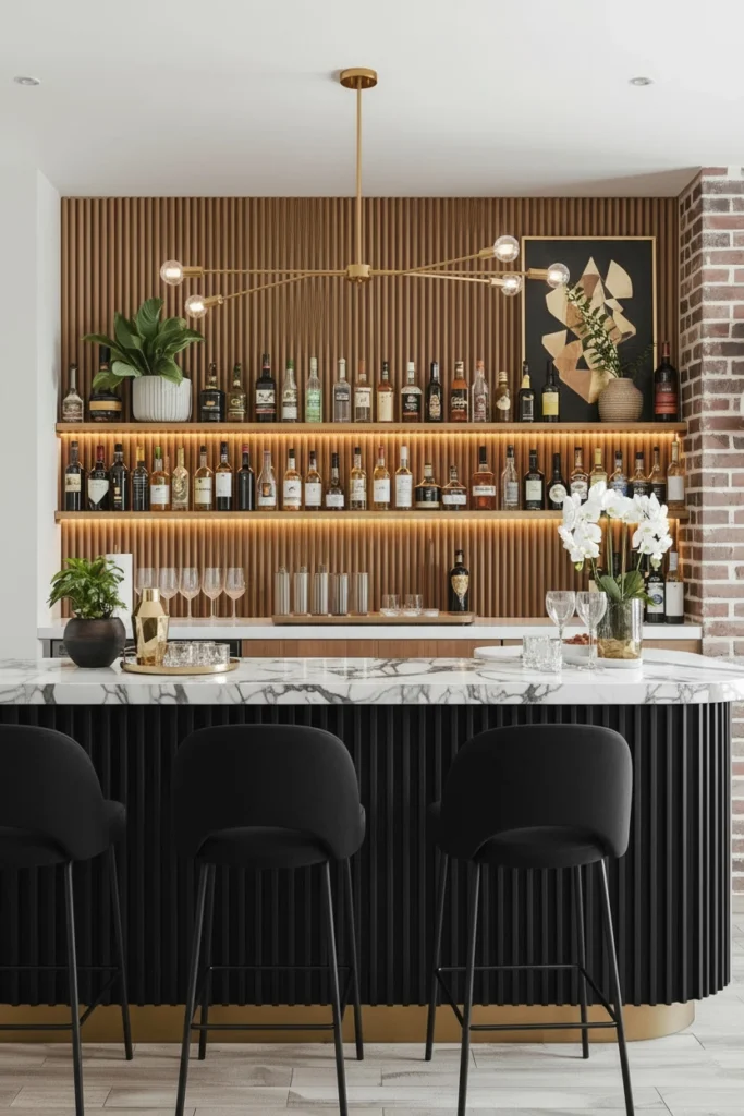 Textured wall with fluted wood panels behind bar.