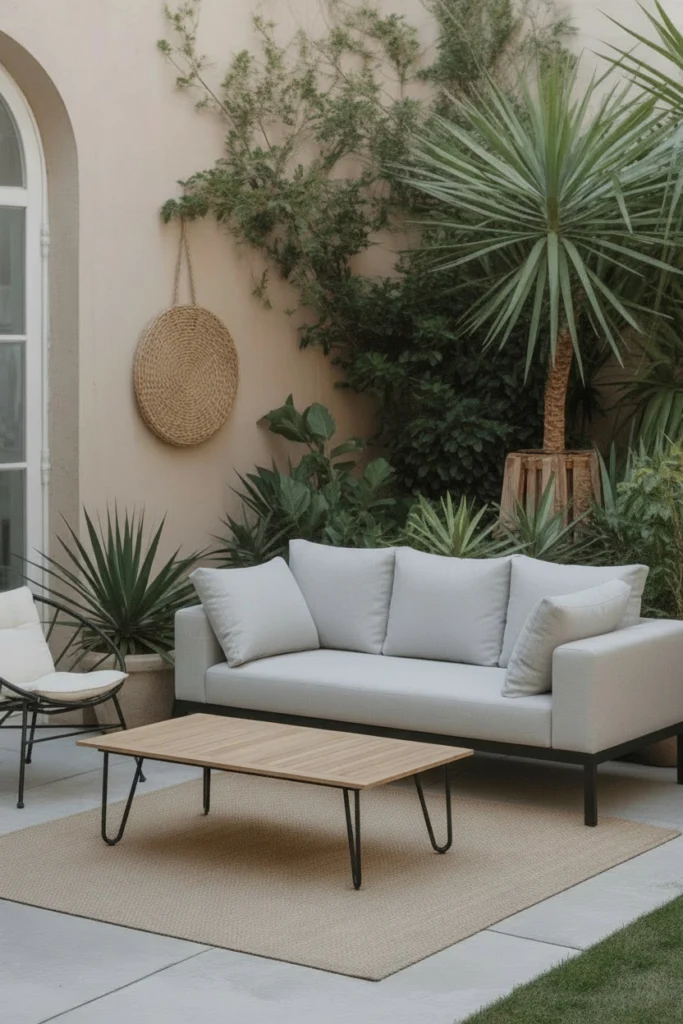 Thick outdoor cushions in soft grey on patio chairs.