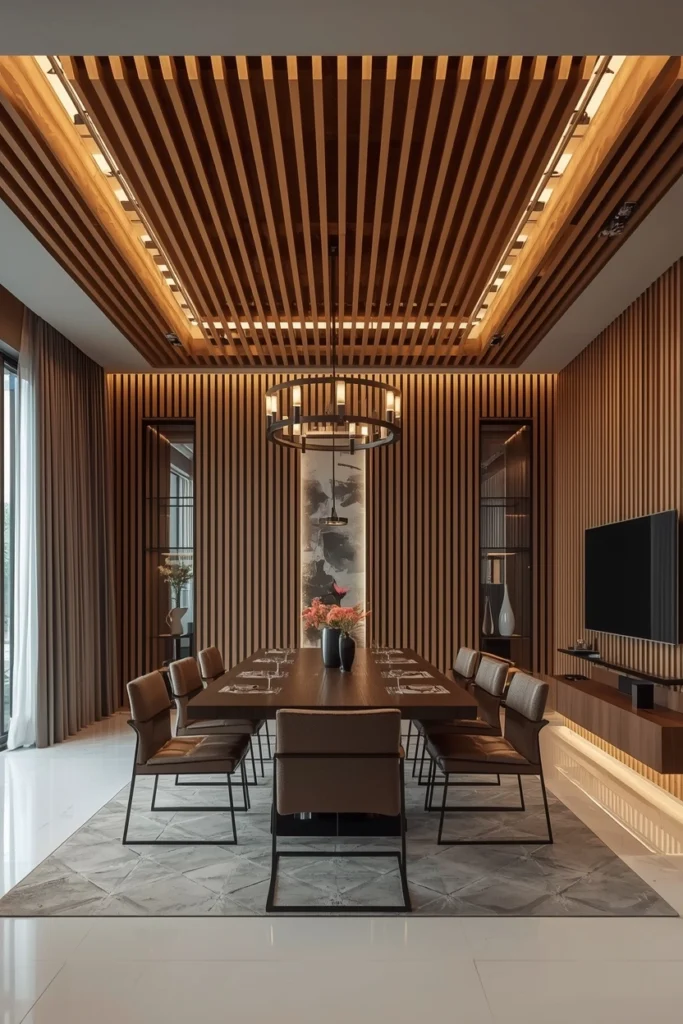 Timber slat ceiling with warm hidden LED lights glowing through.