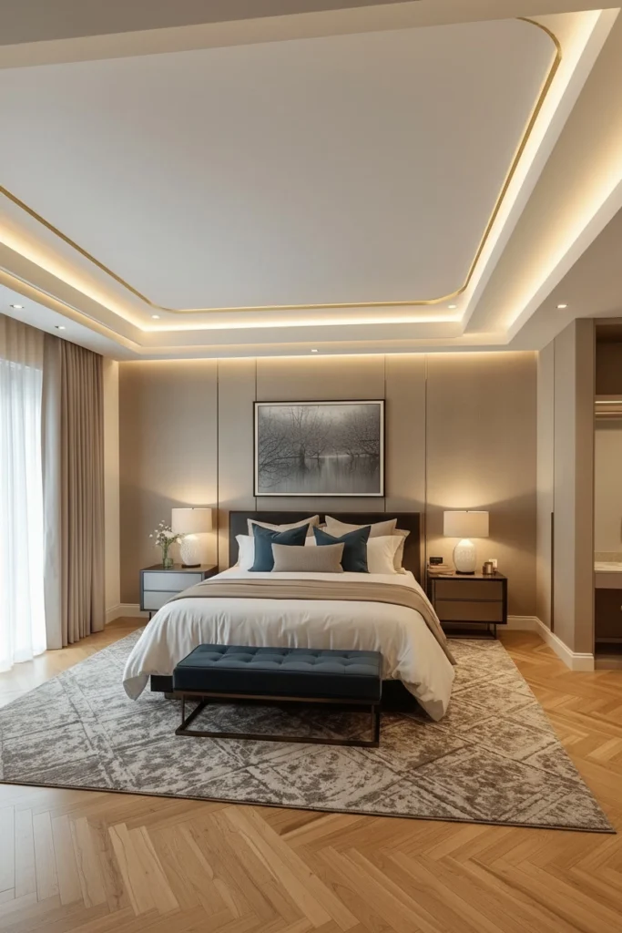 Modern tray ceiling featuring a thin gold brass border detail.