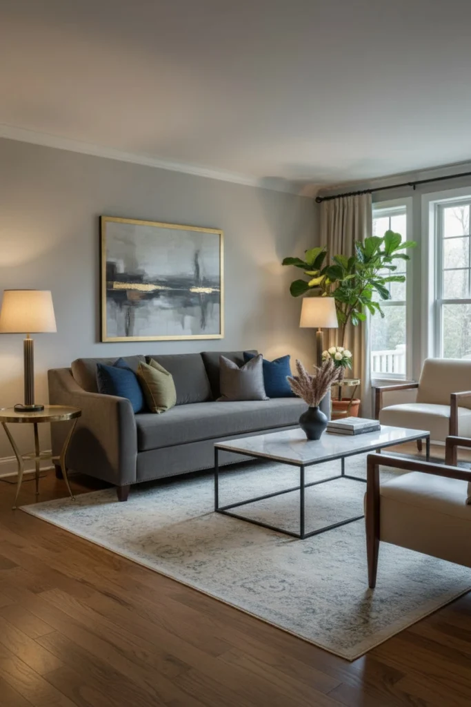 Two matching lamps placed either side of sofa.