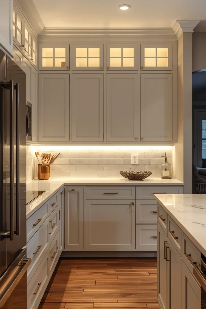 Under cabinet lights illuminating a bright kitchen counter.