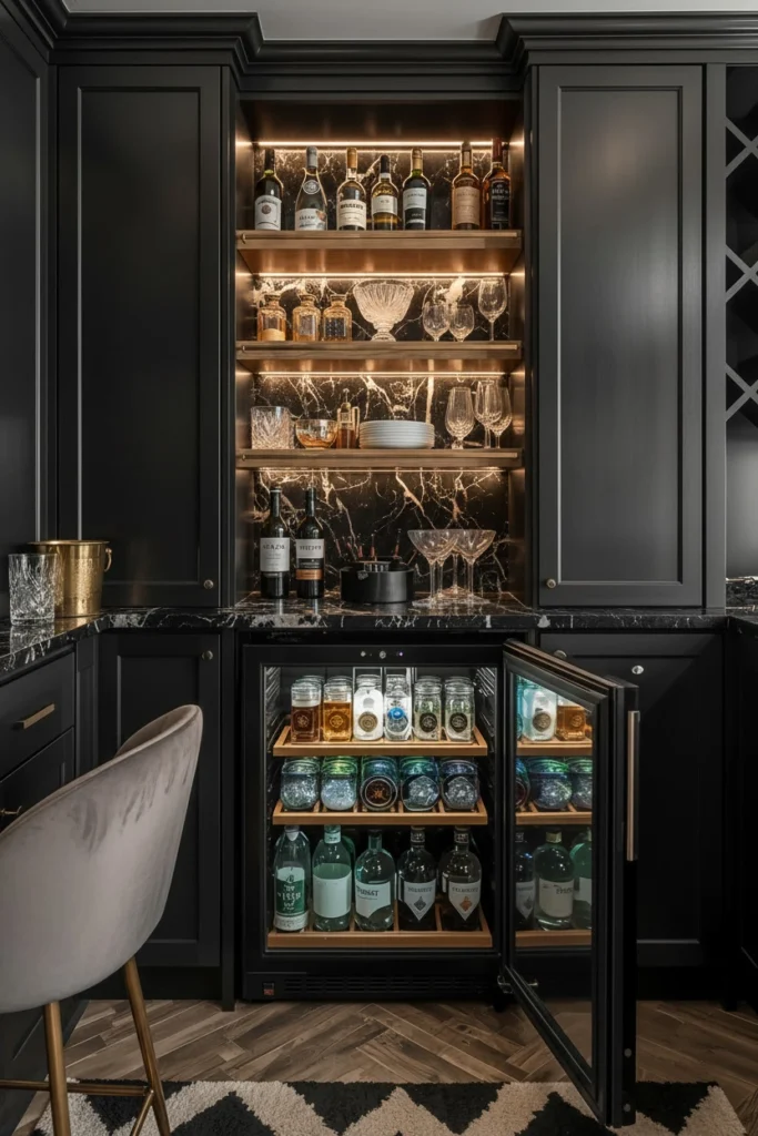 Under-counter bar fridge with glass door lighting.