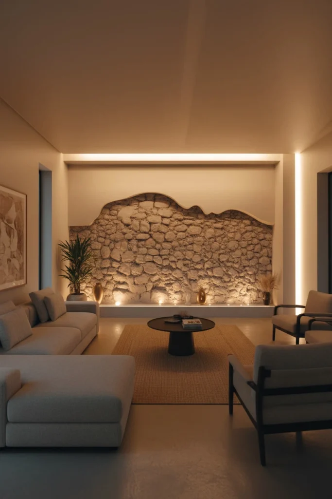 Uplight on floor highlighting rough brick textured wall.