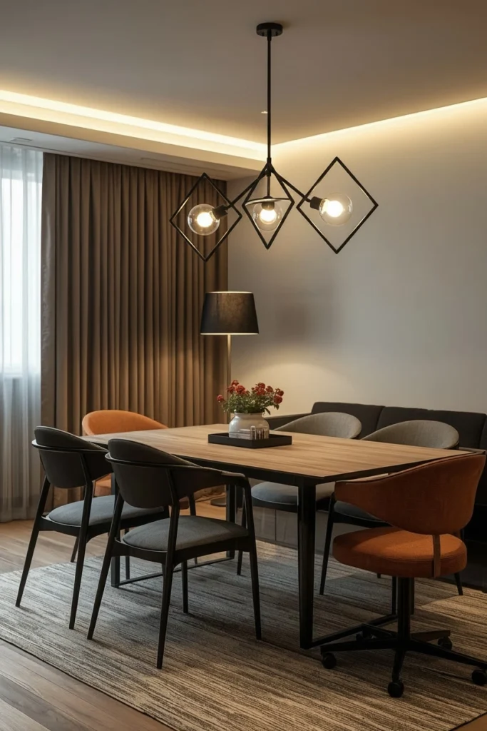 Multiple light sources brighten every corner of room.