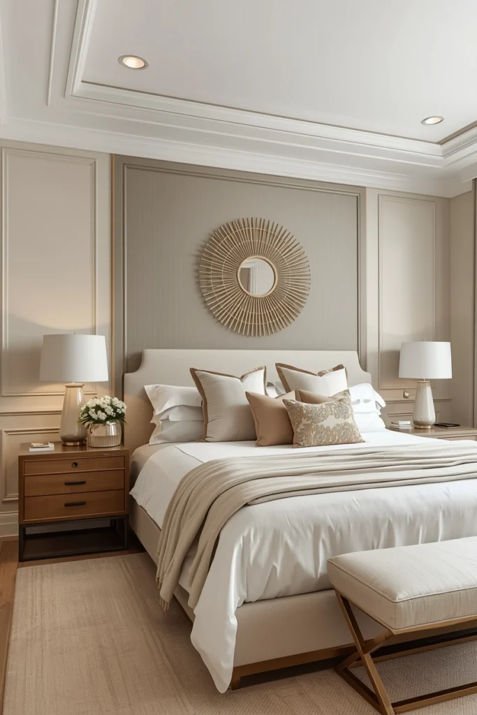Bedroom walls painted in two soft neutral tones.
