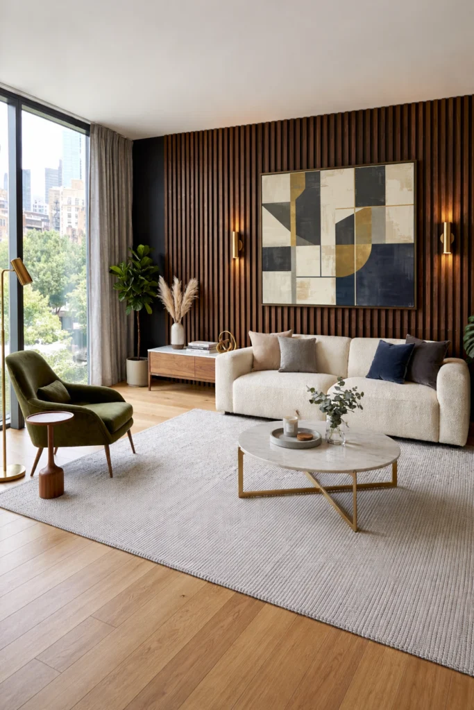 Vertical oak wood slats on modern living room wall