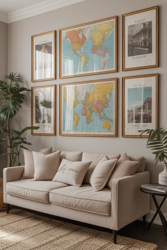 Vintage maps and travel prints in gold frames.