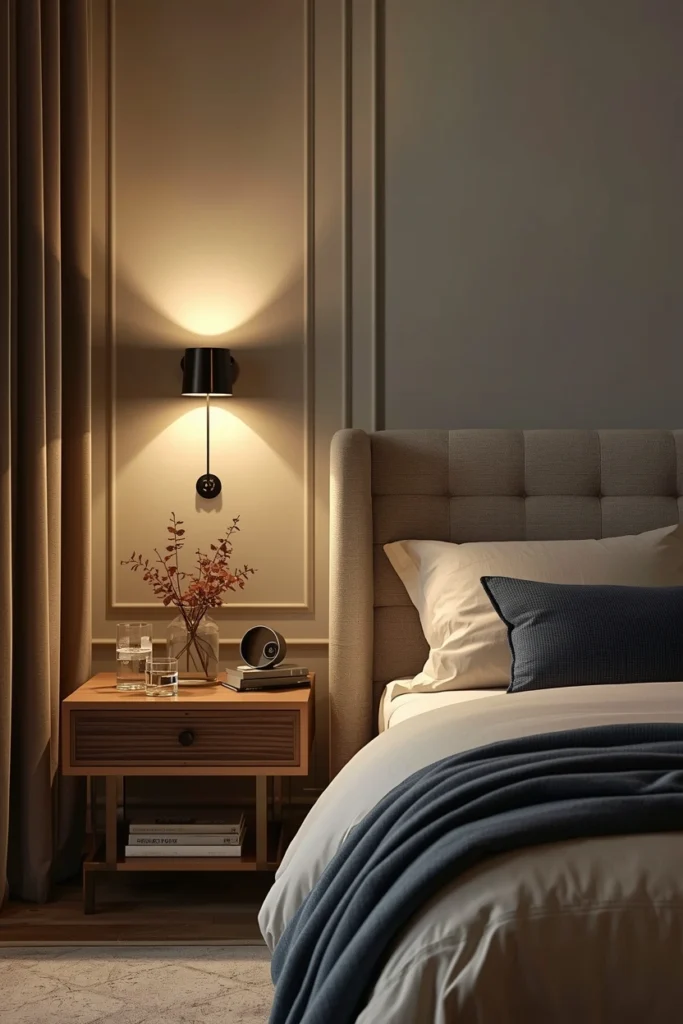 Wall mounted bedside lights beside a neat bedroom.