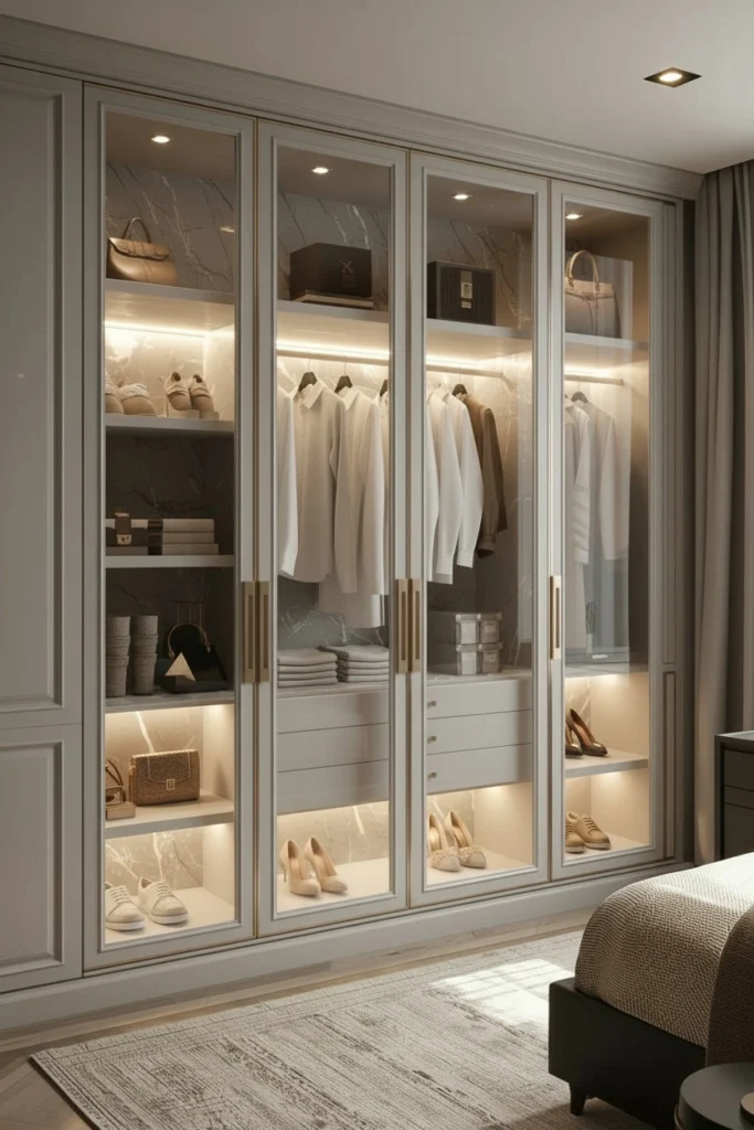 Interior wardrobe light clearly illuminating clothes and shelves.