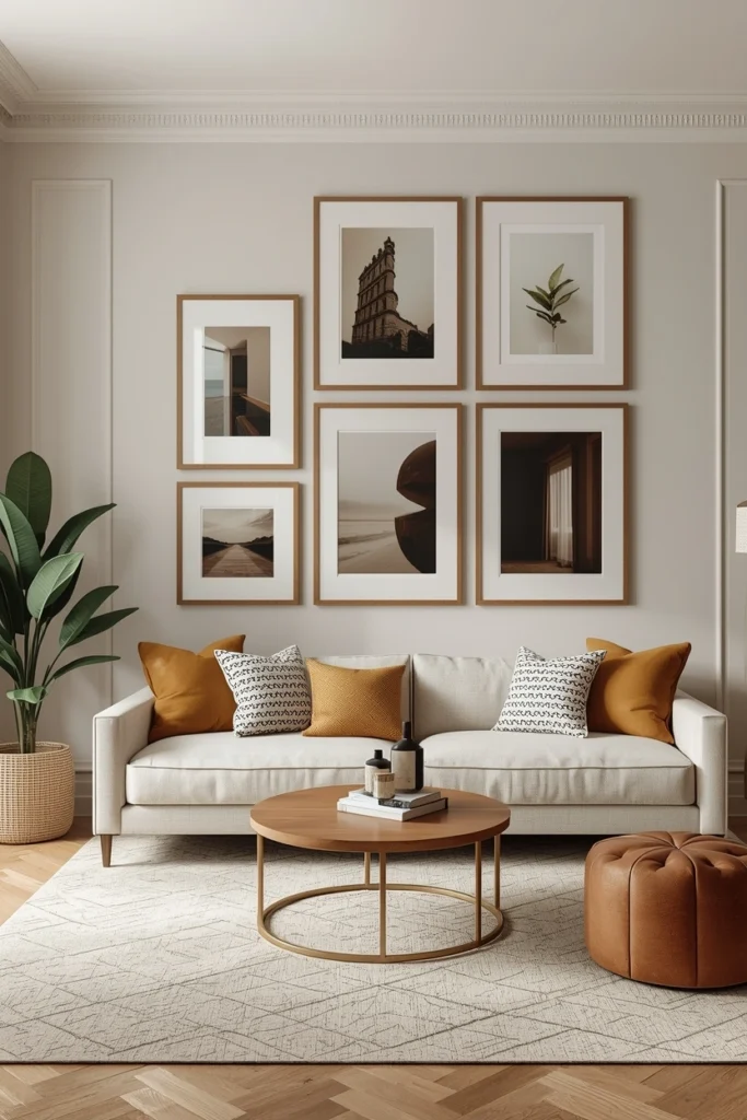Warm wood frames creating a natural gallery wall.