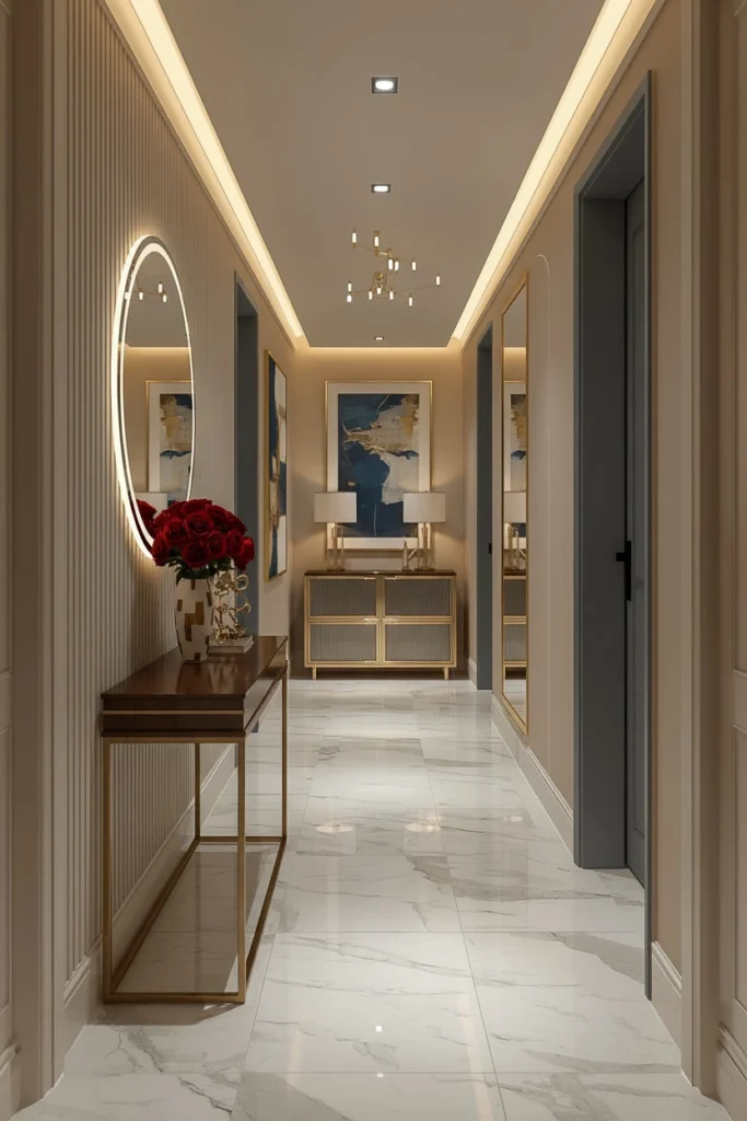 Bright welcoming hallway with mirror and warm lighting.