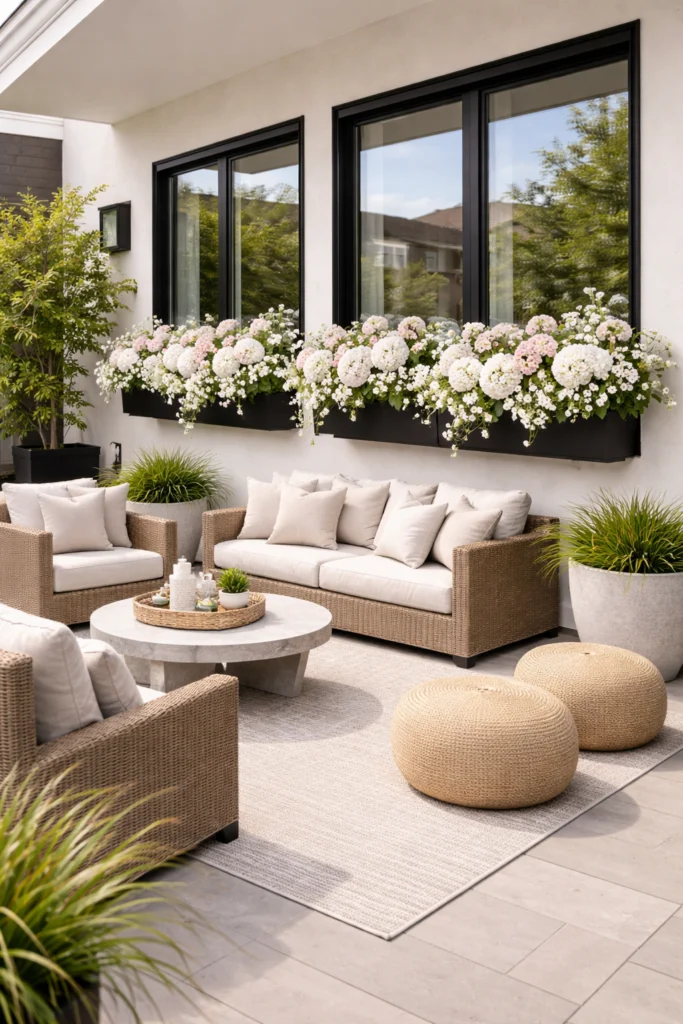 White and pink flowers fill dark metal patio window boxes.