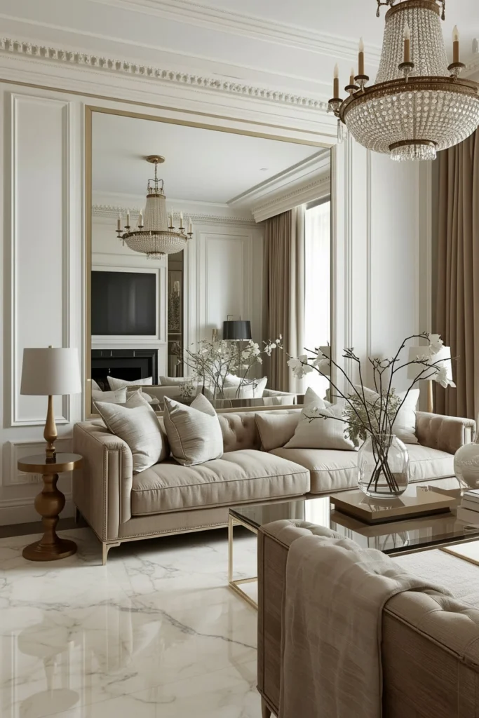 A wide mirror strip near the ceiling raises perceived height.