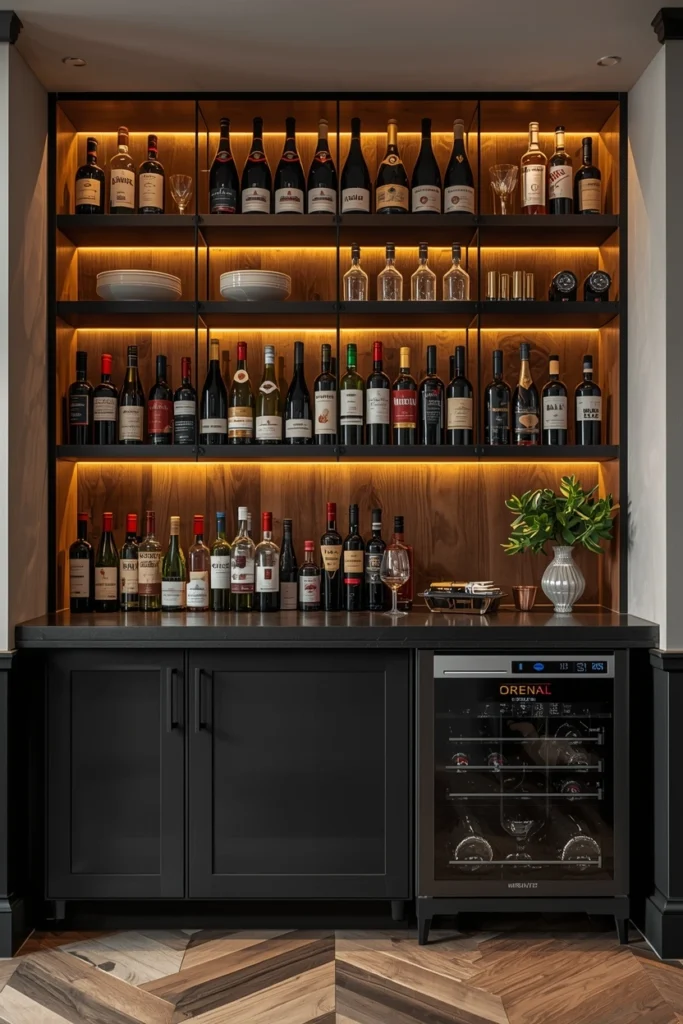 Floor-to-ceiling wine rack display in home bar.