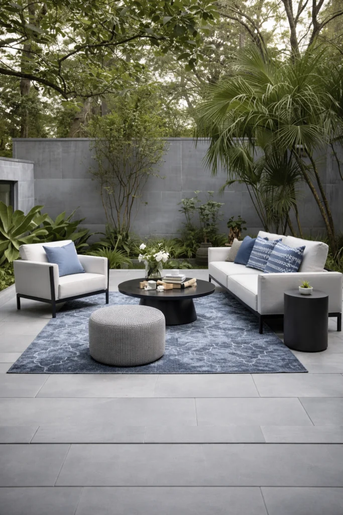 Teak wood furniture and concrete table sit on stone tiles.