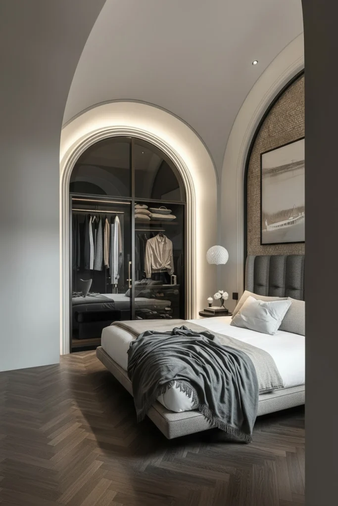 Arched top wardrobe doors break up flat rigid bedroom walls.