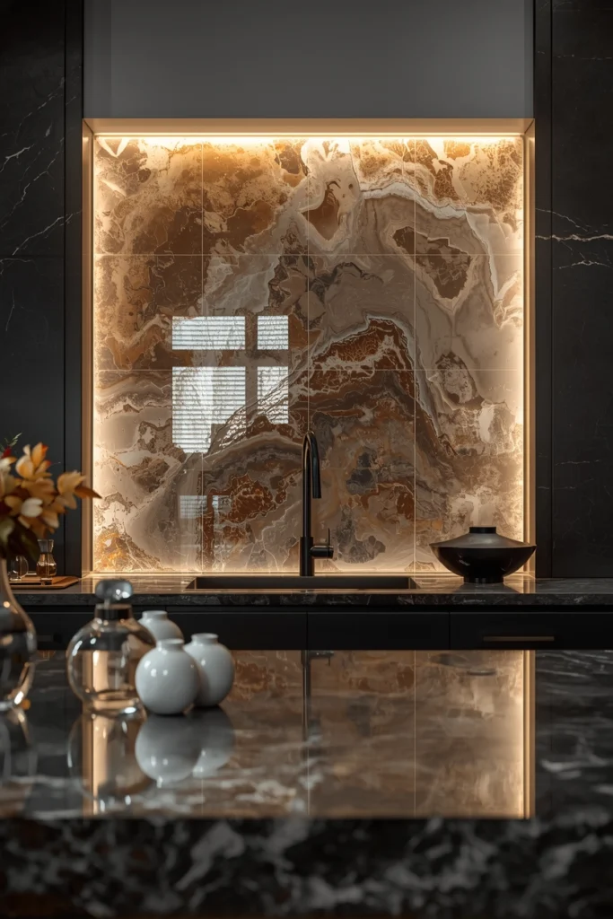Backlit onyx stone panel glows with stunning natural patterns.
