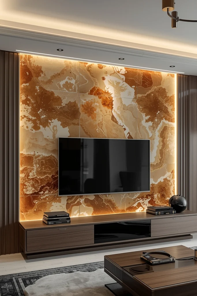 Glowing backlit onyx stone panel beside a mounted TV.