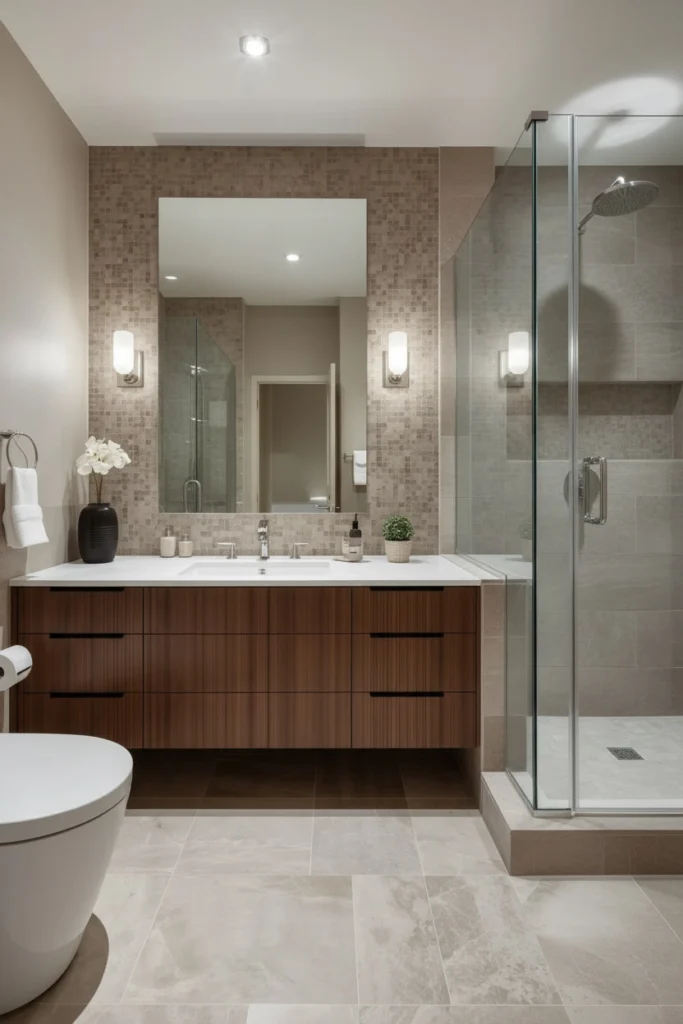 A balanced bathroom layout creates a calm, well-planned space.