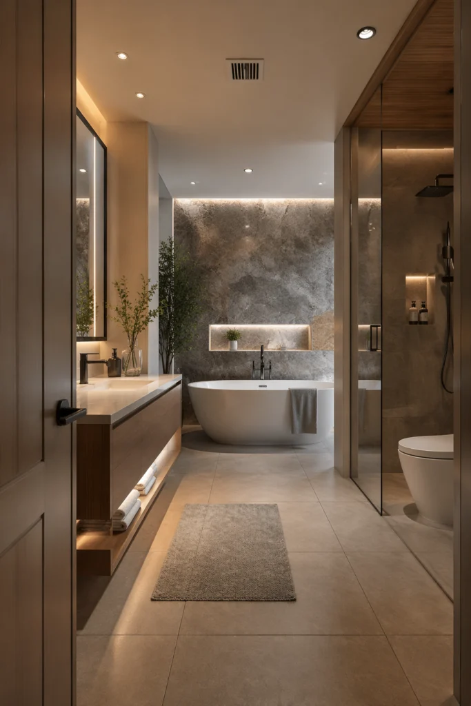 A welcoming entry view improves the feel of bathrooms.