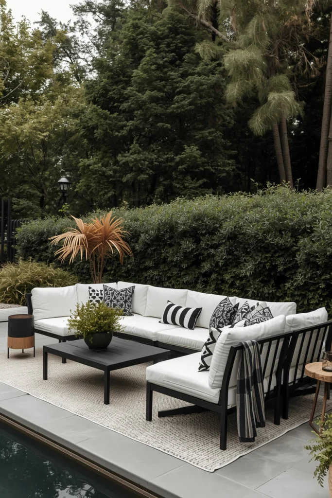 A black frame sofa pairs well with cream cushions.