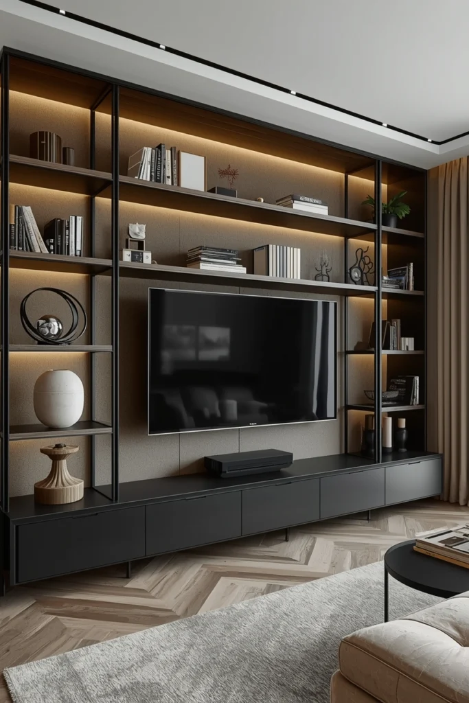 Black steel frame with open shelves surrounding a TV.